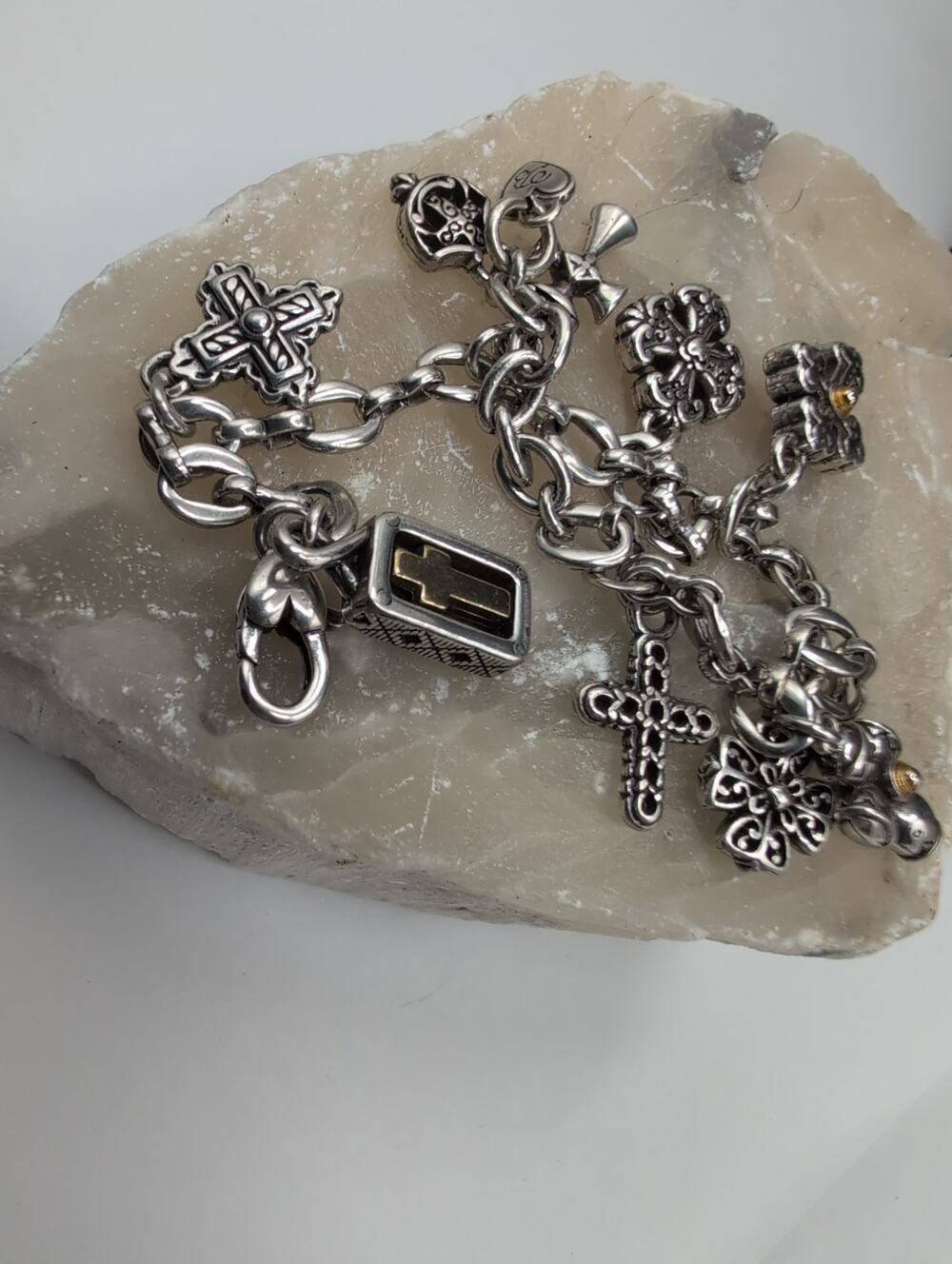Brighton Retired Silver Tone Charm Bracelet Crosses Hearts Flowers Toggle